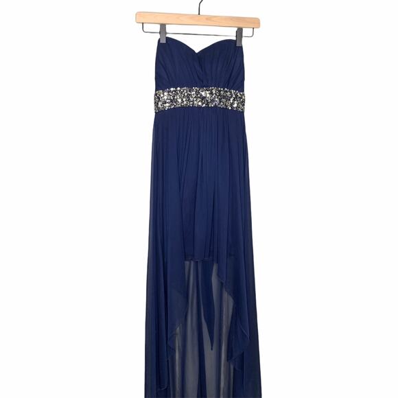 Sheer Navy Formal Maxi Dress B. Darlin – Beaded Waist, Size 2 Sheer Overlay - Picture 1 of 6